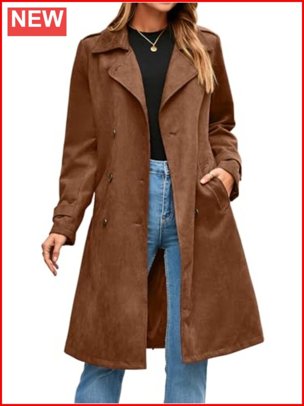 Faux Suede Long Trench Coat Double Breasted Belted Lapel